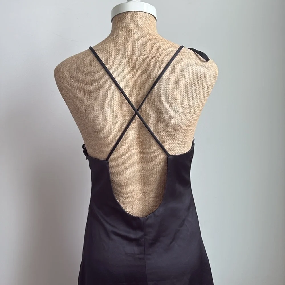 Jason Wu Black Satin Ruched Front Midi Dress Size MEDIUM NWOT